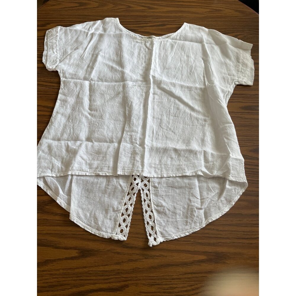 White Linen-Blend Short Sleeve Top with Crochet Back Detail